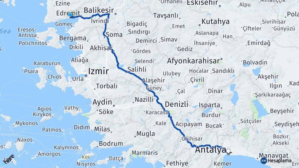 Balıkesir Edremit Altınoluk Antalya Arası Kaç Km - Yol Haritası