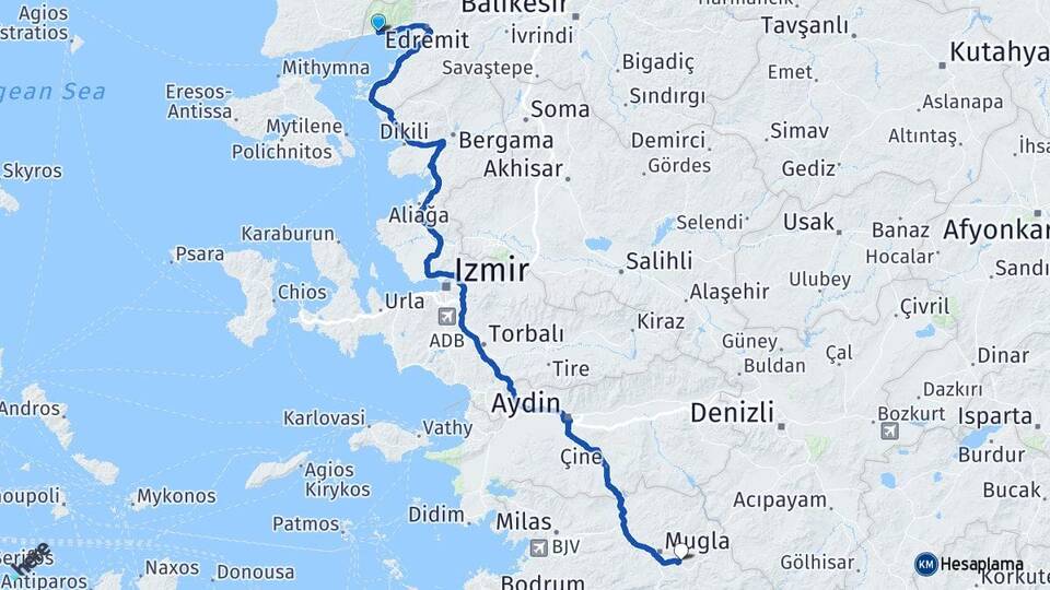 Balıkesir Edremit Altınoluk Muğla Arası Kaç Km - Yol Haritası