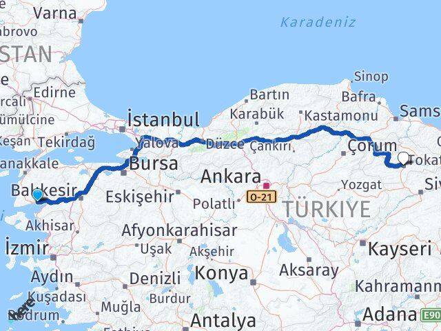 Balıkesir Edremit Altınoluk Tokat Arası Kaç Km - Yol Haritası
