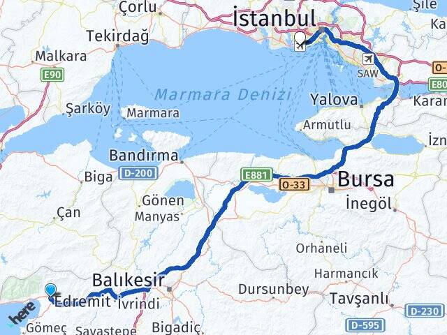 Balıkesir Edremit Atatürk Havalimanı Arası Kaç Km - Yol Haritası
