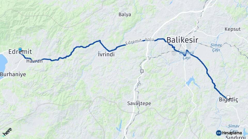 Balıkesir Edremit Bigadiç Arası Kaç Km - Yol Haritası