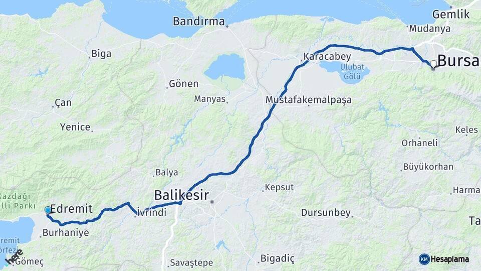 Balıkesir Edremit Bursa Arası Kaç Km - Yol Haritası