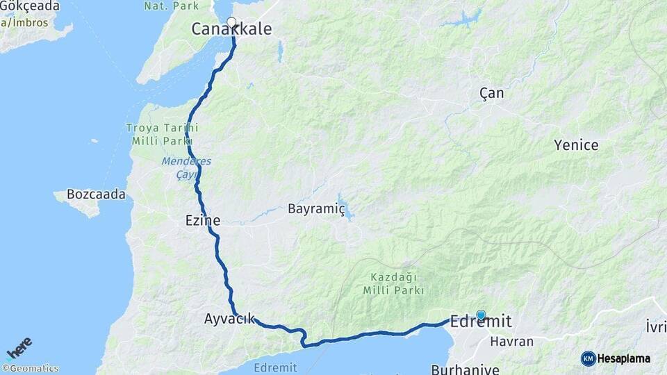 Balıkesir Edremit Çanakkale Arası Kaç Km - Yol Haritası