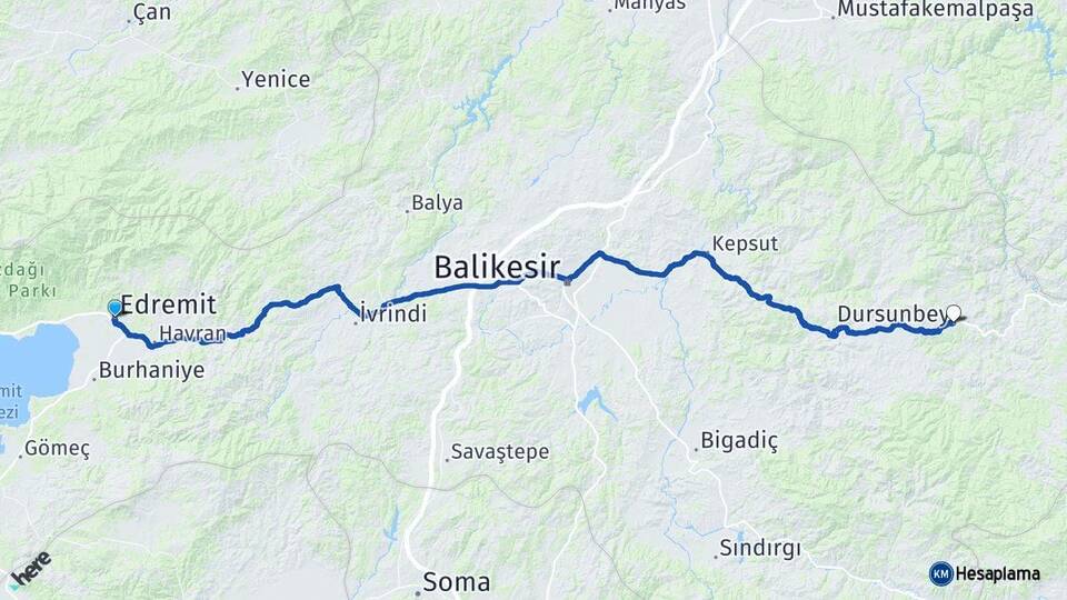 Balıkesir Edremit Dursunbey Arası Kaç Km - Yol Haritası