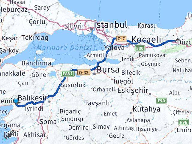 Balıkesir Edremit Düzce Arası Kaç Km - Yol Haritası