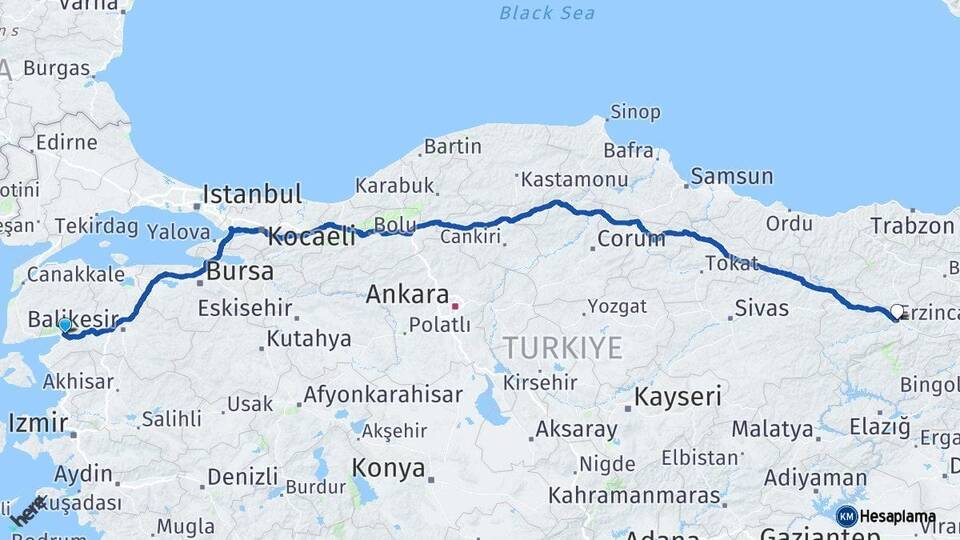 Balıkesir Edremit Erzincan Arası Kaç Km - Yol Haritası