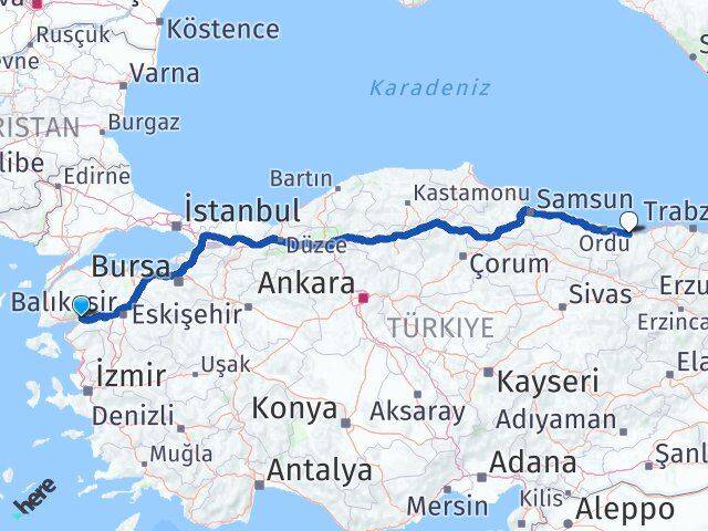 Balıkesir Edremit Giresun Arası Kaç Km - Yol Haritası