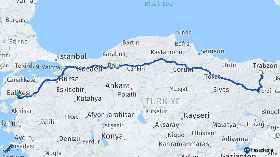 Balıkesir Edremit Gümüşhane Arası Kaç Km - Yol Haritası