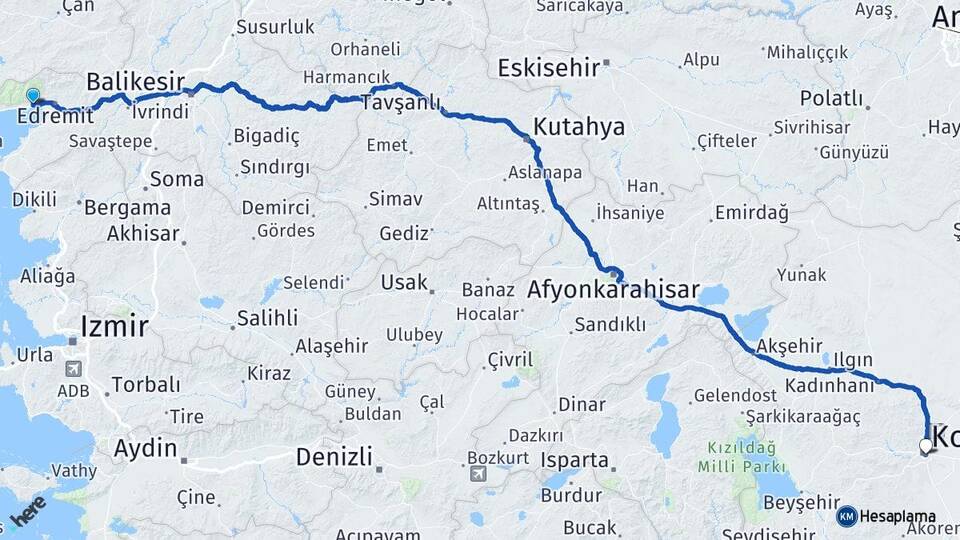 Balıkesir Edremit Güre Konya Arası Kaç Km - Yol Haritası