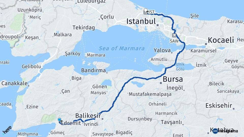 Balıkesir Edremit İstanbul Havalimanı Arası Kaç Km - Yol Haritası