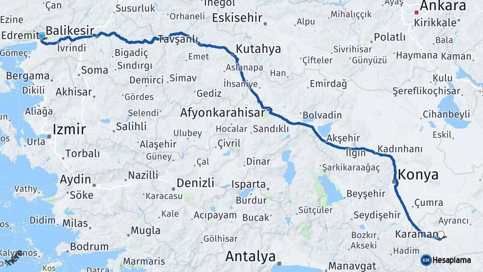 Balıkesir Edremit Karaman Arası Kaç Km - Yol Haritası