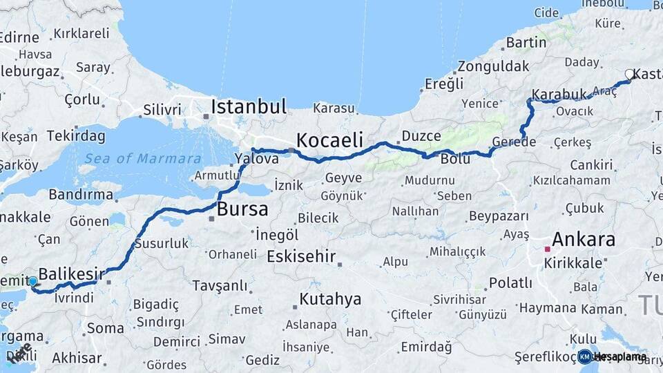 Balıkesir Edremit Kastamonu Arası Kaç Km - Yol Haritası