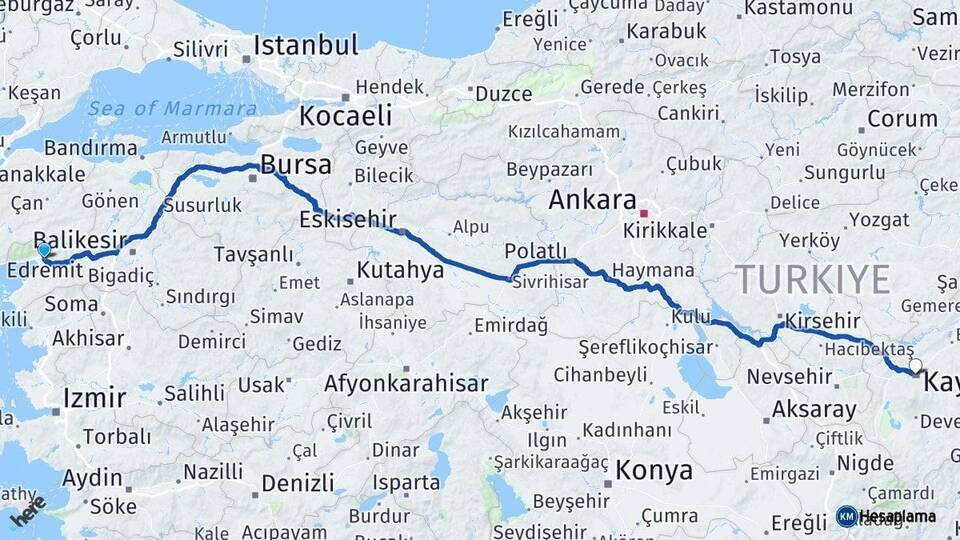 Balıkesir Edremit Kayseri Arası Kaç Km - Yol Haritası