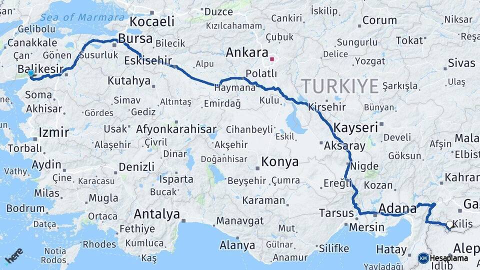 Balıkesir Edremit Kilis Arası Kaç Km - Yol Haritası