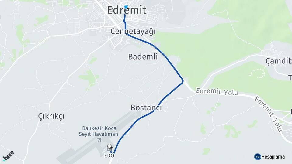Balıkesir Edremit Koca Seyit Havalimanı Arası Kaç Km - Yol Haritası