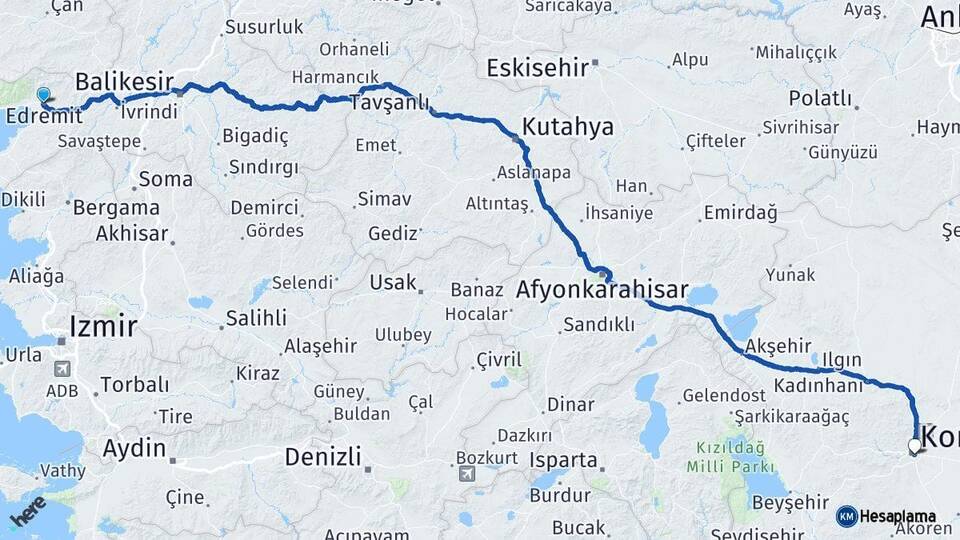 Balıkesir Edremit Konya Arası Kaç Km - Yol Haritası