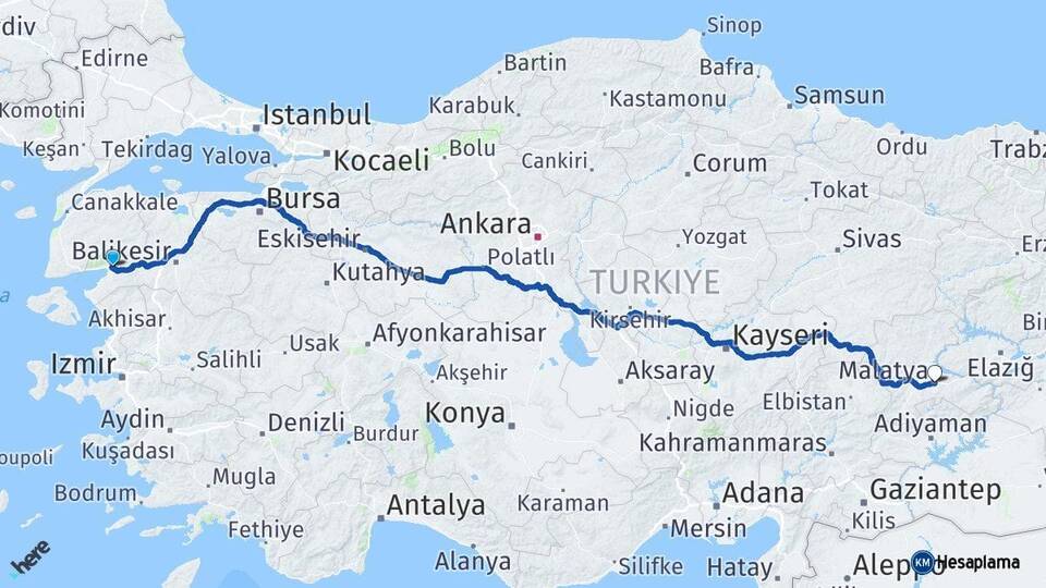 Balıkesir Edremit Malatya Arası Kaç Km - Yol Haritası