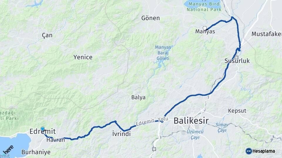 Balıkesir Edremit Manyas Arası Kaç Km - Yol Haritası
