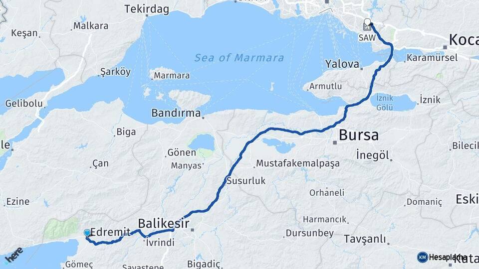 Balıkesir Edremit Sabiha Gökçen Havalimanı Arası Kaç Km - Yol Haritası