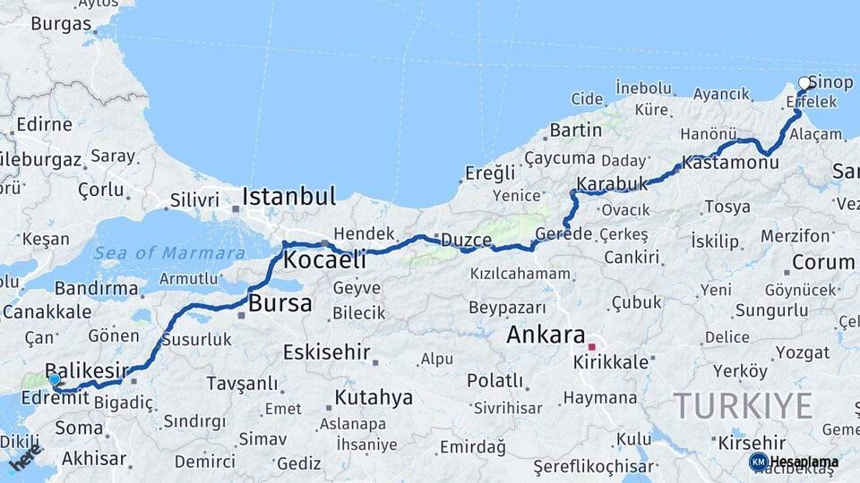 Balıkesir Edremit Sinop Arası Kaç Km - Yol Haritası