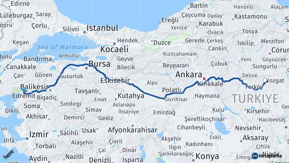 Balıkesir Edremit Yozgat Arası Kaç Km - Yol Haritası