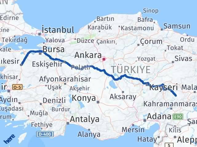 Balıkesir Elbistan Kahramanmaraş Arası Kaç Km - Yol Haritası