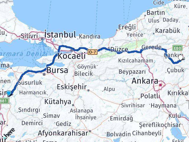 Balıkesir Eldivan Çankırı Arası Kaç Km - Yol Haritası