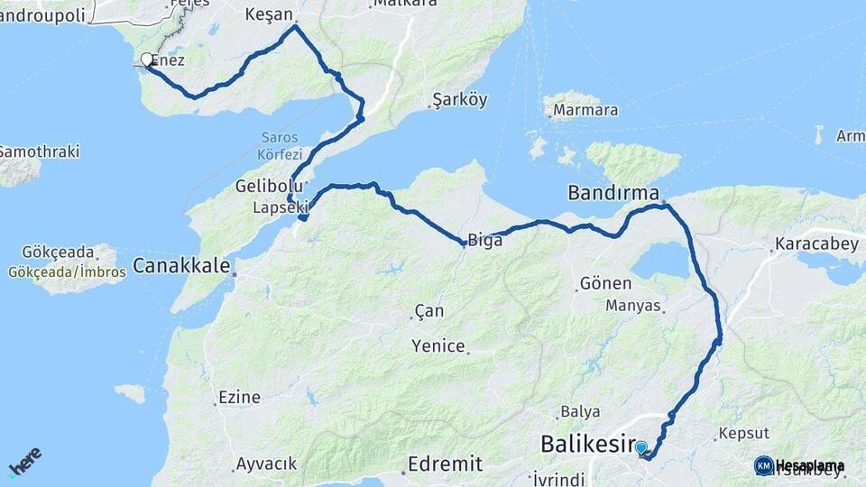 Balıkesir Enez Edirne Arası Kaç Km - Yol Haritası