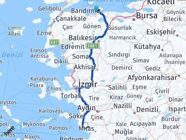 Balıkesir Erdek Akbük Didim Aydın Arası Kaç Km - Yol Haritası