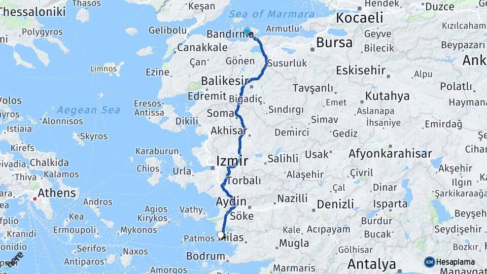 Balıkesir Erdek Altınkum Didim Aydın Arası Kaç Km - Yol Haritası