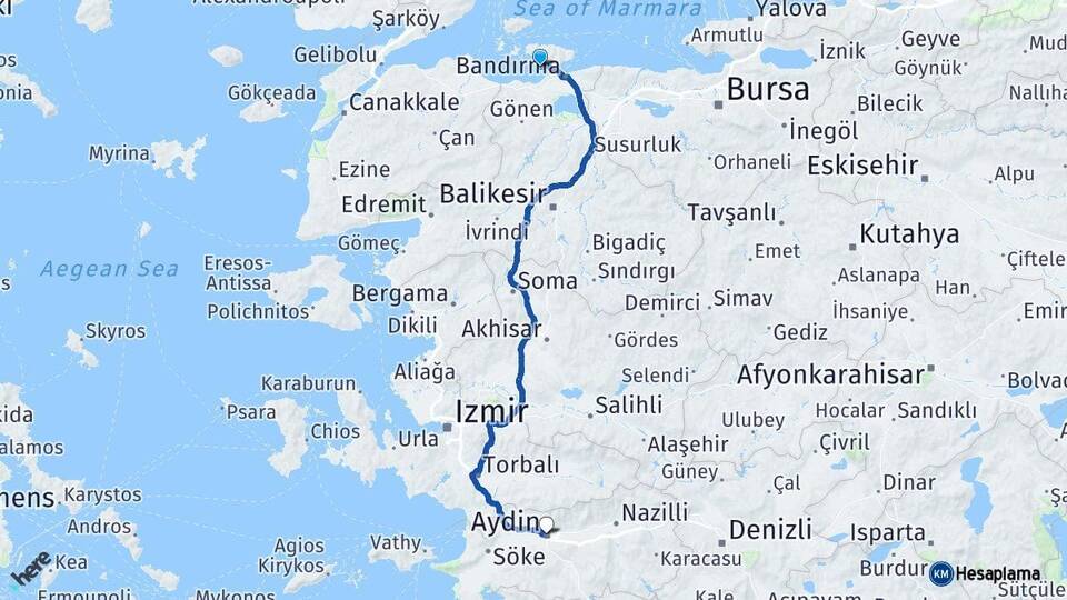Balıkesir Erdek Aydın Arası Kaç Km - Yol Haritası