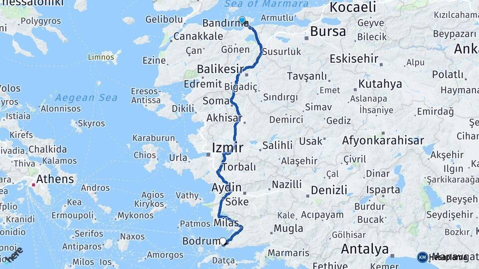 Balıkesir Erdek Bodrum Muğla Arası Kaç Km - Yol Haritası