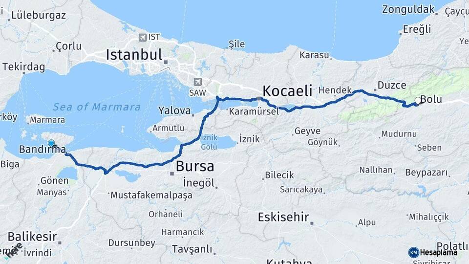 Balıkesir Erdek Bolu Arası Kaç Km - Yol Haritası