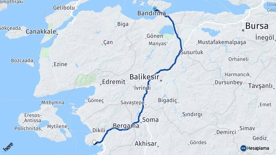 Balıkesir Erdek Çandarlı Dikili İzmir Arası Kaç Km - Yol Haritası