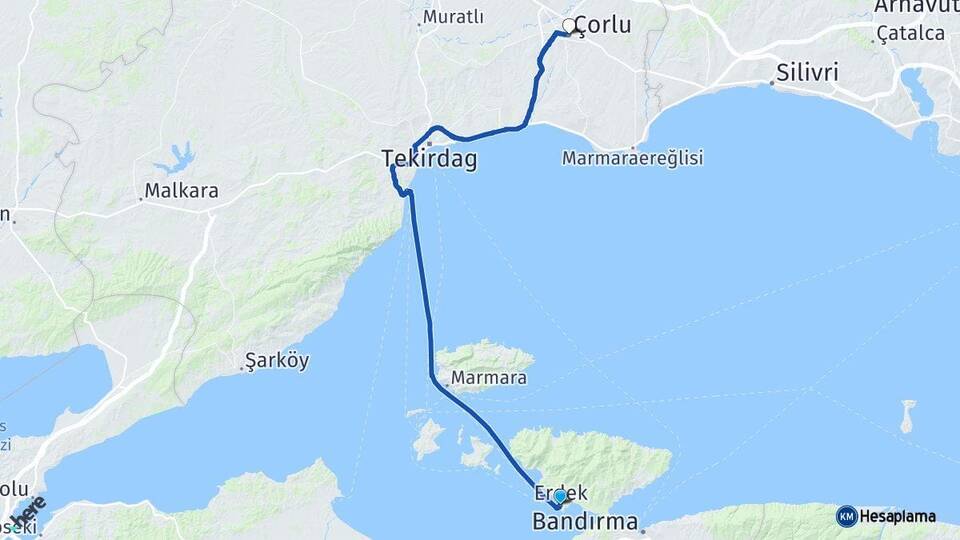 Balıkesir Erdek Çorlu Tekirdağ Arası Kaç Km - Yol Haritası