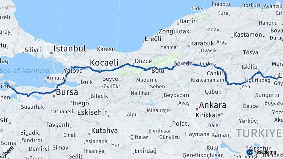 Balıkesir Erdek Çorum Arası Kaç Km - Yol Haritası