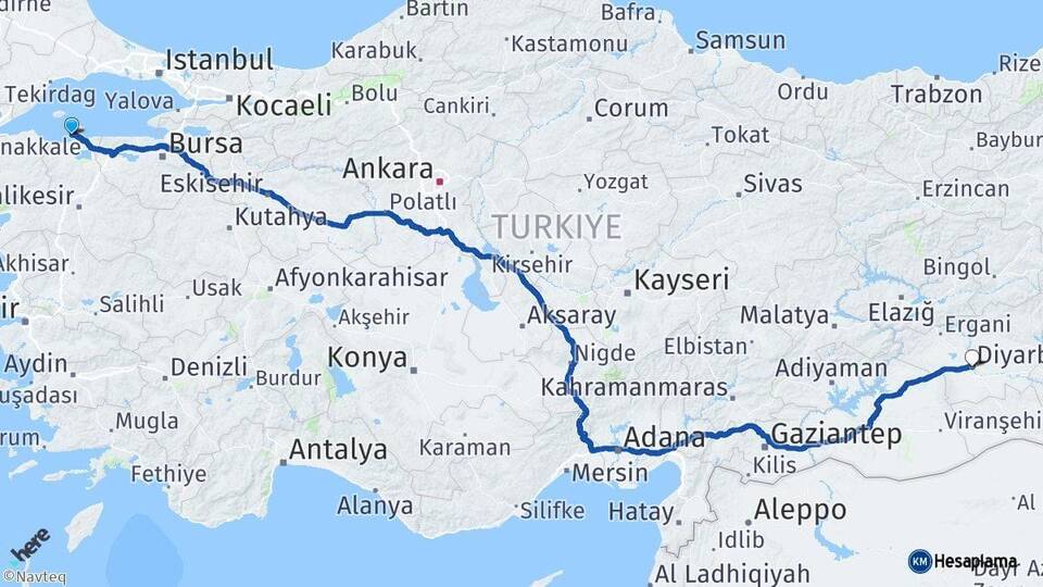 Balıkesir Erdek Diyarbakır Arası Kaç Km - Yol Haritası
