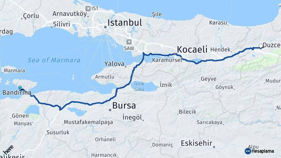 Balıkesir Erdek Düzce Arası Kaç Km - Yol Haritası