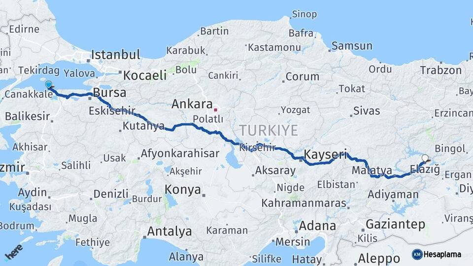Balıkesir Erdek Elazığ Arası Kaç Km - Yol Haritası