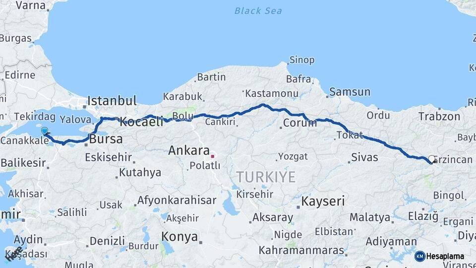 Balıkesir Erdek Erzincan Arası Kaç Km - Yol Haritası