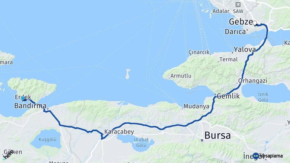Balıkesir Erdek Gebze Kocaeli Arası Kaç Km - Yol Haritası