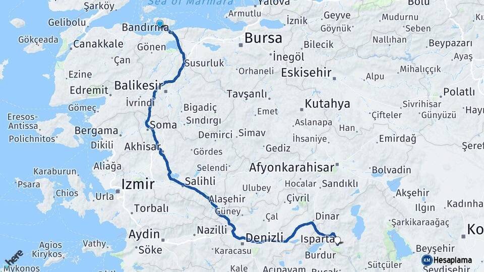 Balıkesir Erdek Isparta Arası Kaç Km - Yol Haritası
