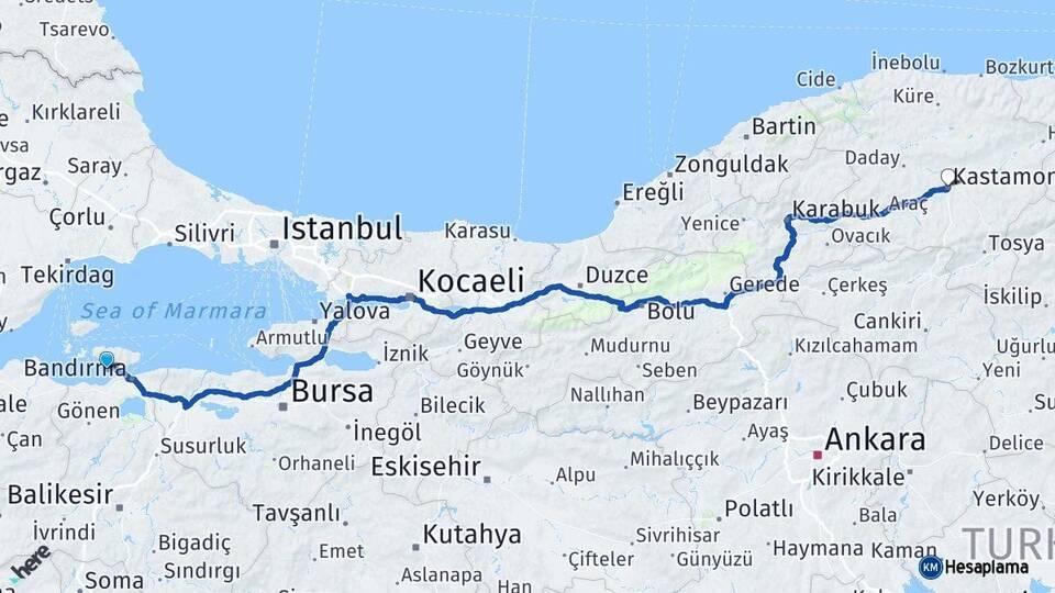 Balıkesir Erdek Kastamonu Arası Kaç Km - Yol Haritası