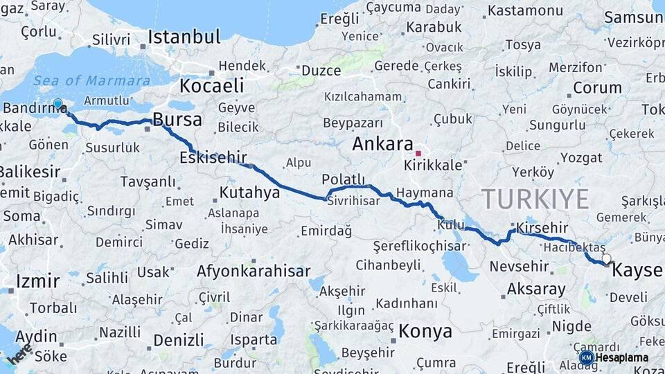 Balıkesir Erdek Kayseri Arası Kaç Km - Yol Haritası