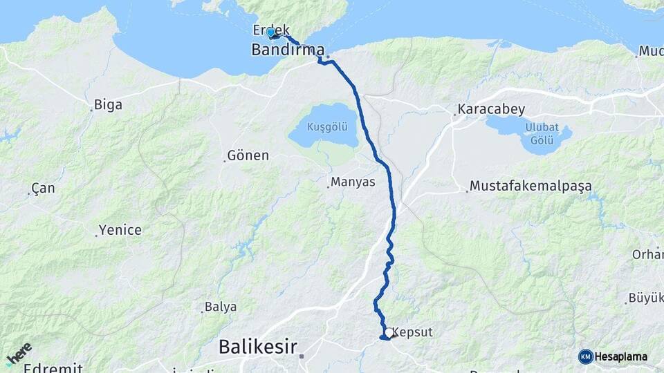 Balıkesir Erdek Kepsut Arası Kaç Km - Yol Haritası