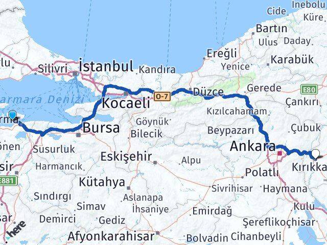 Balıkesir Erdek Kırıkkale Arası Kaç Km - Yol Haritası