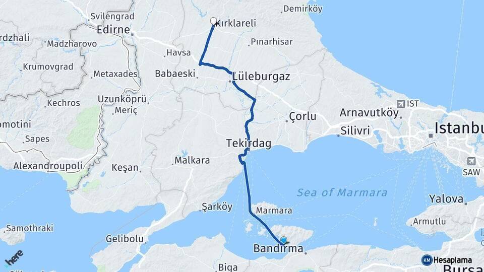 Balıkesir Erdek Kırklareli Arası Kaç Km - Yol Haritası