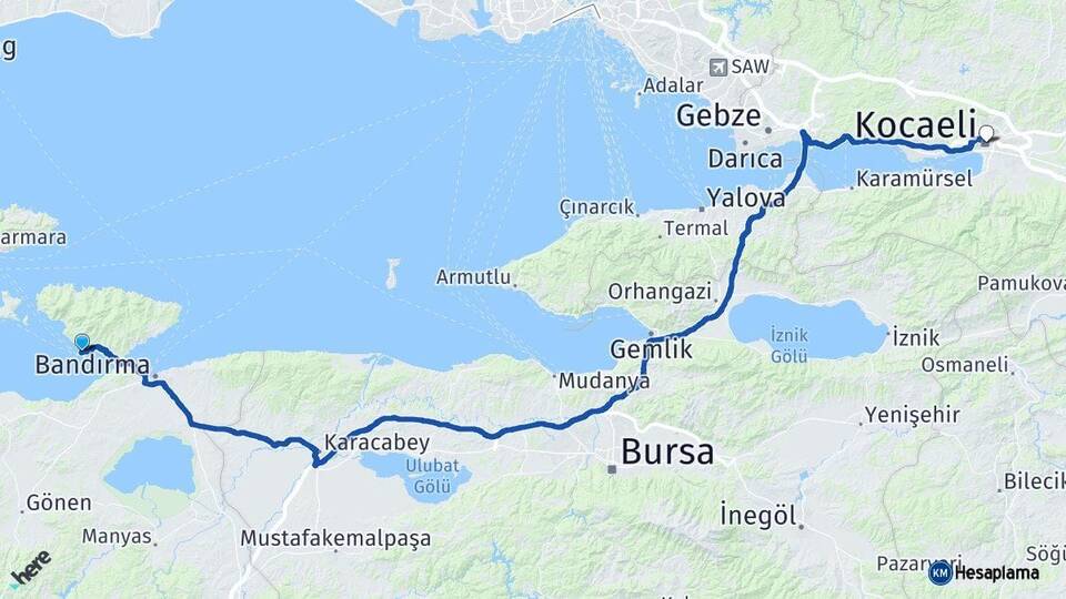 Balıkesir Erdek Kocaeli Arası Kaç Km - Yol Haritası