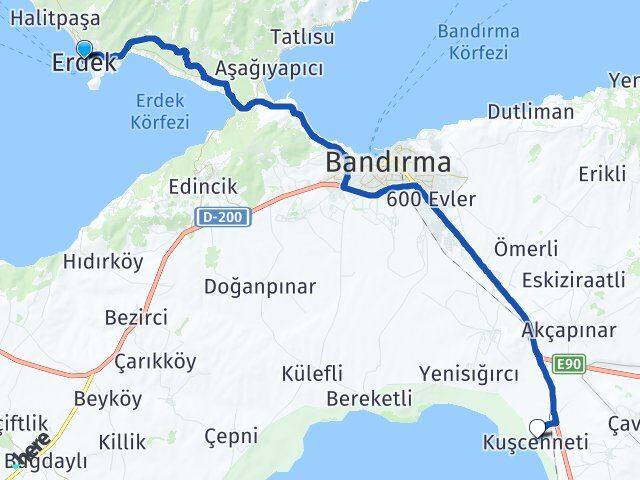 Balıkesir Erdek Kuşcenneti Bandırma Arası Kaç Km - Yol Haritası