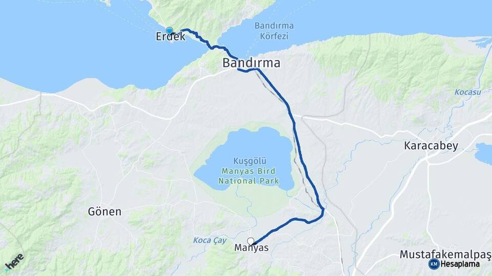 Balıkesir Erdek Manyas Arası Kaç Km - Yol Haritası